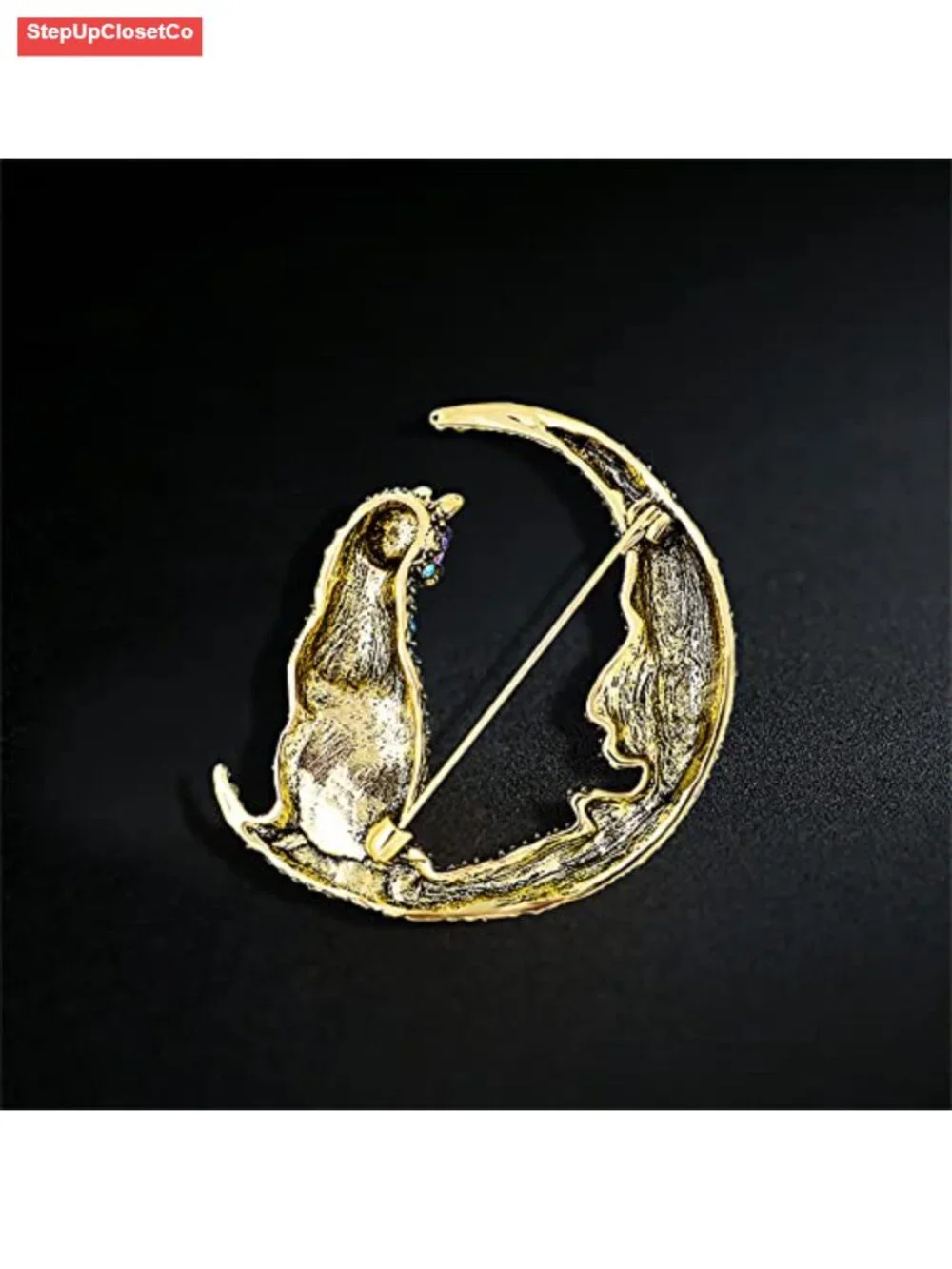 Rhinestone Cat on Moon Brooch Pin Vintage AB Crystal Kitten Crescent Celestial
